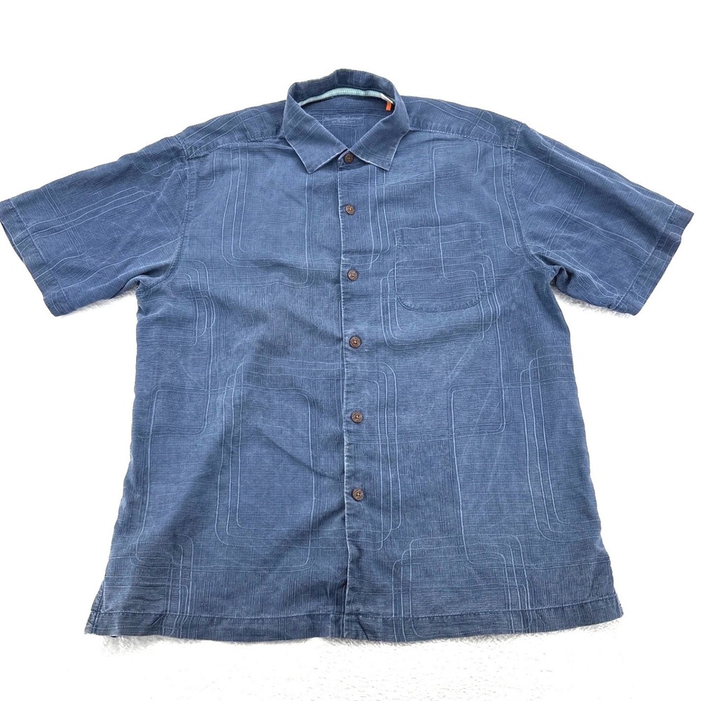 Tommy Bahama Mens 100% Silk Shirt Large Blue Geometric Jacquard Short Sleeve
